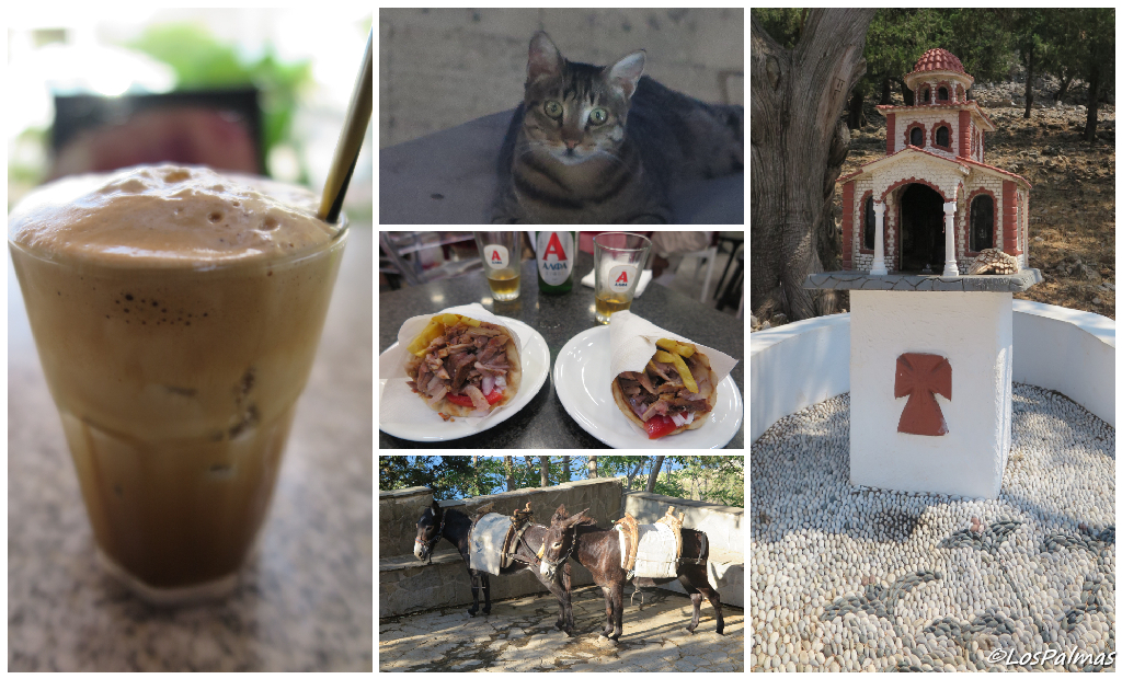 Lindos, Rodas, Grecia. Gatos, altares. café frappè