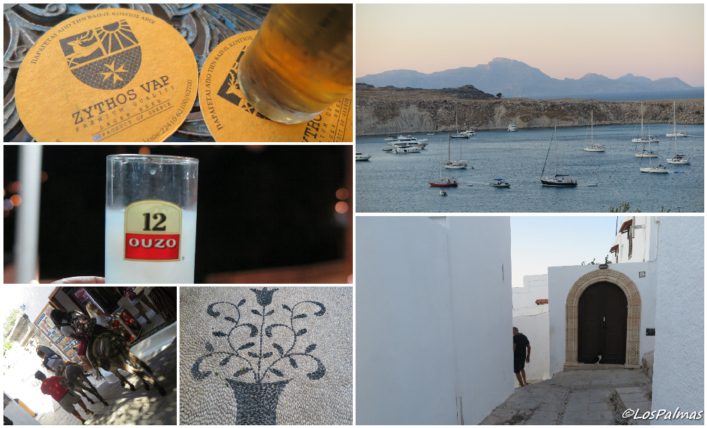 Lindos Rodas Grecia vistas mar cerveja ouzo mosaico de cantos